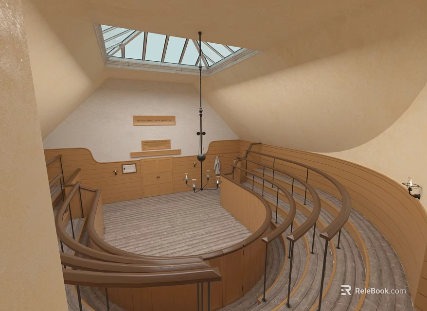 Spacious Lecture Hall With Circular Wooden Seating Skylight And Beige Walls 3d model 