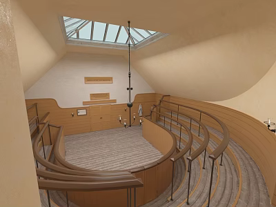 Spacious Lecture Hall With Circular Wooden Seating Skylight And Beige Walls 3d model
