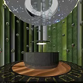 Modern Elevator Lobby With Green Leaf Pattern Walls And Silver Spherical Decorations 3d model