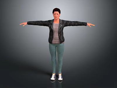 A woman with arms outstretched wearing black leather jacket gray t-shirt green pants white sneakers 3d model