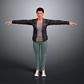 A woman with arms outstretched wearing black leather jacket gray t-shirt green pants white sneakers