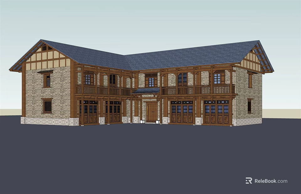 Traditional Two Story House With Wooden Frames Stone Walls Dark Roof Windows And Balconies 3d model 