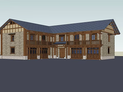 Traditional Two Story House With Wooden Frames Stone Walls Dark Roof Windows And Balconies 3d model