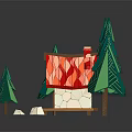 Cartoon Scene With Small House Red Roof Green Trees Wavy Green Grass And White Stones