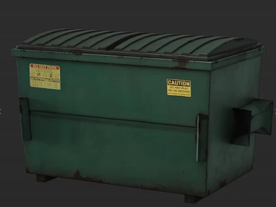 Public Facility Green Trash Bin With Caution Warning Label For Outdoor Use 3d model
