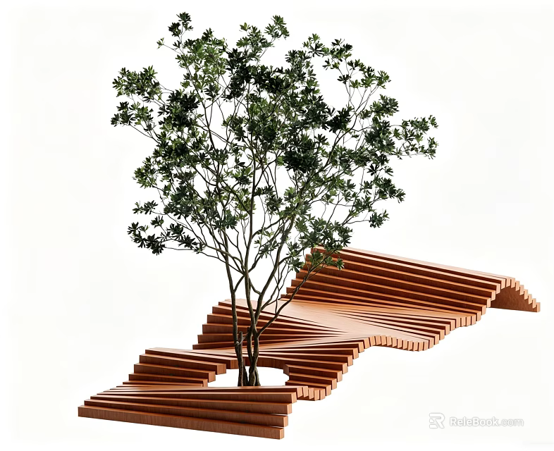 Natural Garden Landscape With Green Leaf Tree And Wavy Wooden Plank Structure 3d model 