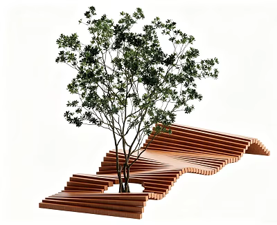 Natural Garden Landscape With Green Leaf Tree And Wavy Wooden Plank Structure 3d model