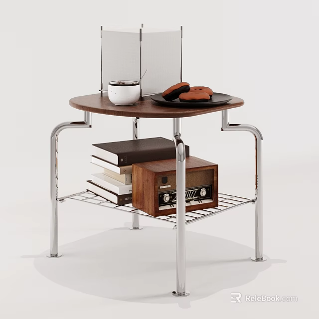 Wooden Top Side Table with Metal Frame White Cup Plate Cookies Books and Vintage Radio 3d model 