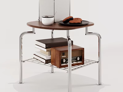 Wooden Top Side Table with Metal Frame White Cup Plate Cookies Books and Vintage Radio 3d model