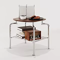 Wooden Top Side Table with Metal Frame White Cup Plate Cookies Books and Vintage Radio