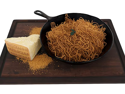 Crispy Noodles in Black Frying Pan with Cheese Wedge and Breadcrumbs on Wooden Cutting Board 3d model