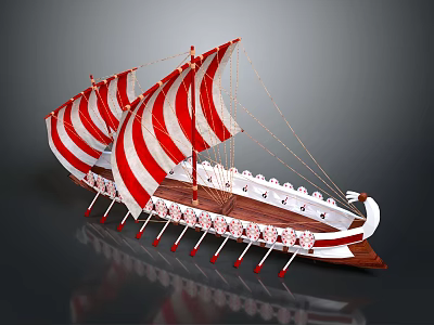 Ancient Sailing Vessel With Red And White Striped Sails And Wooden Oars 3d model