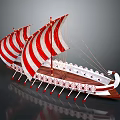 Ancient Sailing Vessel With Red And White Striped Sails And Wooden Oars