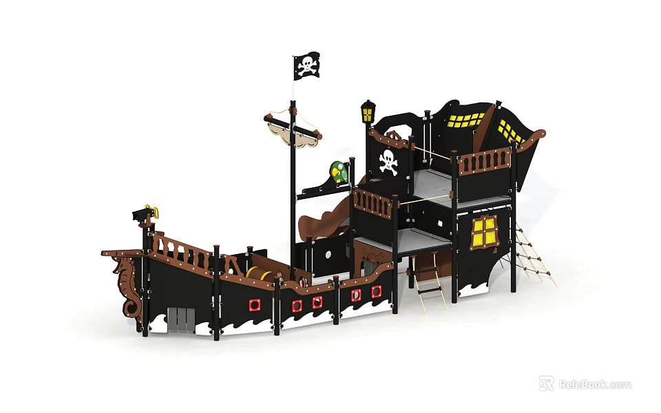 Multi Level Pirate Ship Playground Equipment With Slide Ladder And Pirate Flag 3d model 