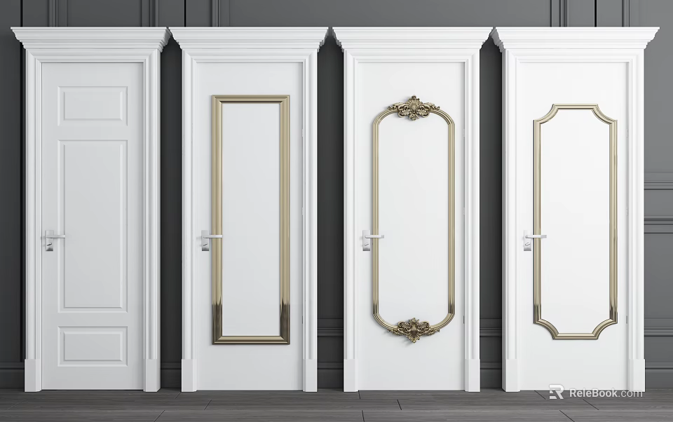 White Hinged Doors With Gold Accents And Various Decorative Patterns For Interior 3d model