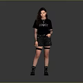 Woman in Black CHAOS T Shirt Black Shorts Fishnet Stockings Black Boots on Grey Background