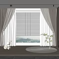 Modern Gray Curtains With White Blinds In Interior With Wooden Cabinets And Green Plant