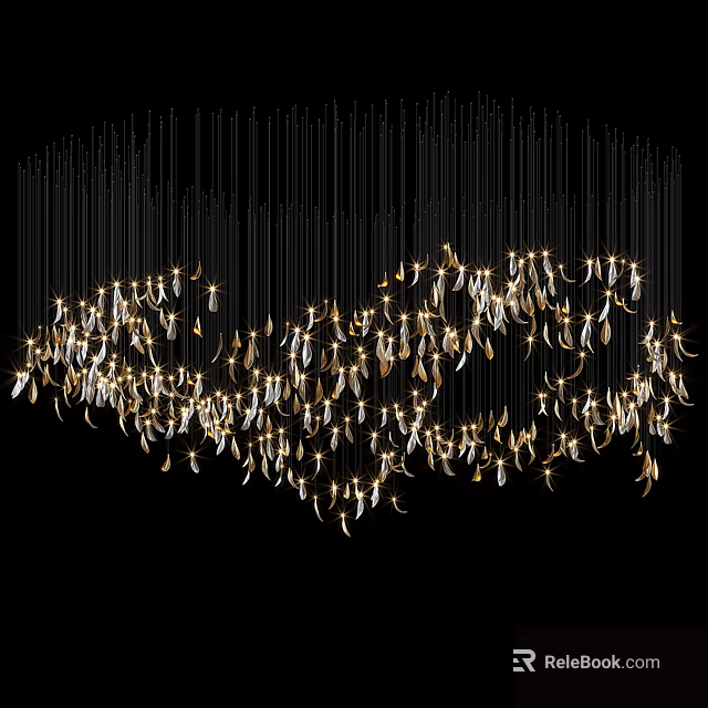 Modern Luxury Chandelier With Feather Shaped Metallic Elements Illuminated Hanging Design 3d model 