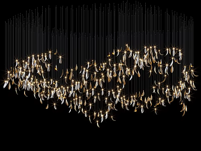 Modern Luxury Chandelier With Feather Shaped Metallic Elements Illuminated Hanging Design 3d model