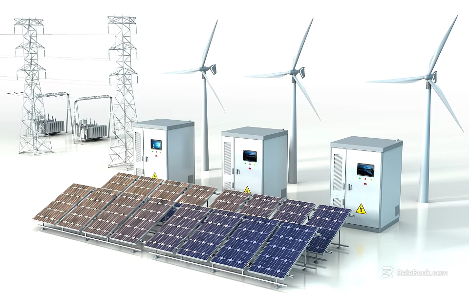 Industrial Equipment for Renewable Energy Featuring Solar Panels Wind Turbines and Electrical Cabinets 3d model 