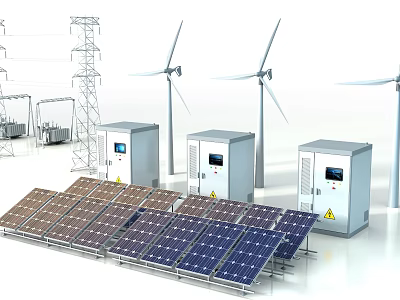 Industrial Equipment for Renewable Energy Featuring Solar Panels Wind Turbines and Electrical Cabinets 3d model