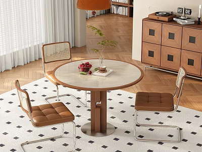 Modern Restaurant Dining Area With Round Marble Table Leather Chairs And Decorative Plant 3d model