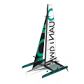 MCM Logo Green Catamaran Sailing Boat Navigating Open Ocean Under Cloudy Sky 3d model