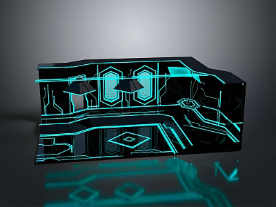 Cartoon Futuristic Scene with Cyan Neon Lights Black Structure and Glowing Geometric Patterns 3d model