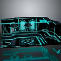 Cartoon Futuristic Scene with Cyan Neon Lights Black Structure and Glowing Geometric Patterns
