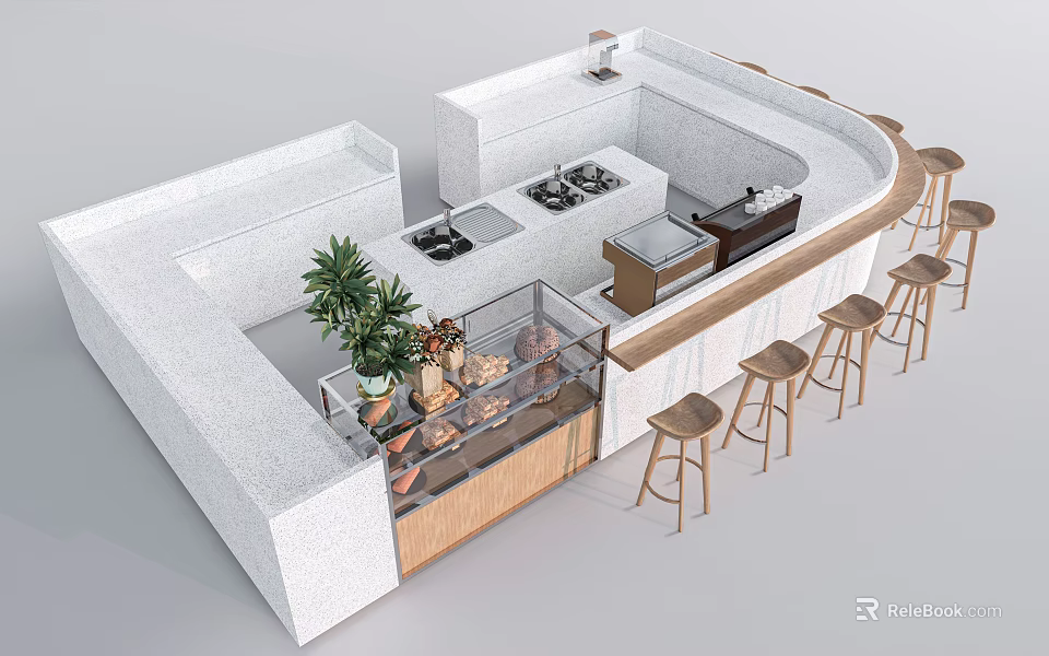 Modern Bar Counter Design With White Countertop Wooden Stools Green Plant And Display Case 3d model 