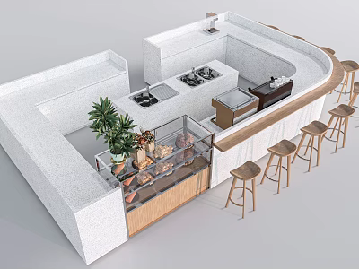Modern Bar Counter Design With White Countertop Wooden Stools Green Plant And Display Case 3d model