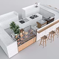 Modern Bar Counter Design With White Countertop Wooden Stools Green Plant And Display Case