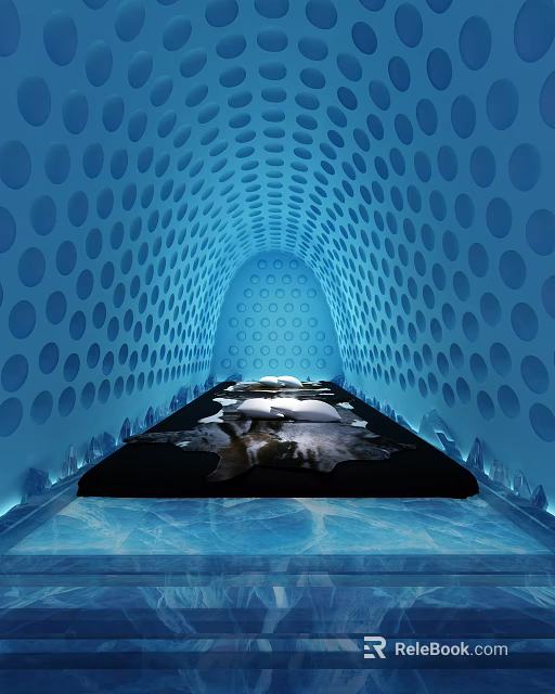 Modern Bath Center With Blue Circular Patterned Walls And Tunnel Shaped Interior Space 3d model 