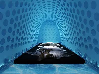Modern Bath Center With Blue Circular Patterned Walls And Tunnel Shaped Interior Space 3d model
