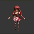 Woman With Red Twin Tails In Pink And White Decorative Dress With Floral Patterns