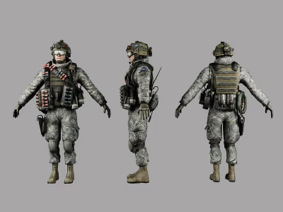 Game Movie Soldier Character In Camouflage Uniform With Tactical Gear Front Side Back Views 3d model