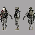 Game Movie Soldier Character In Camouflage Uniform With Tactical Gear Front Side Back Views
