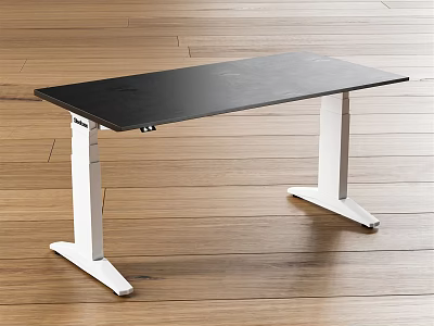Modern Office Desk With Adjustable Height Black Tabletop And White Legs On Wooden Floor 3d model