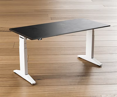Modern Office Desk With Adjustable Height Black Tabletop And White Legs On Wooden Floor 3d model