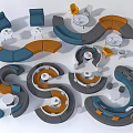 Curved Sofa Stools in Blue Orange Gray with Small Round Tables and Chairs 3d model