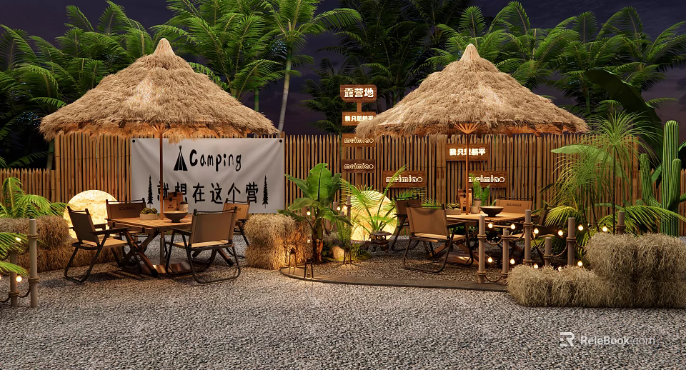 Relaxing Camping Site With Thatch Roofed Pavilions Palm Trees Bamboo Fence And Gravel Ground 3d model 