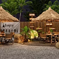 Relaxing Camping Site With Thatch Roofed Pavilions Palm Trees Bamboo Fence And Gravel Ground
