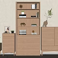 Minimalist Wooden Bookcase With Books Decorations Plants And Drawers In Modern Home Interior
