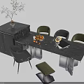 Modern Marble Dining Table Set With Four Chairs Fruit Bowl And Small Plant