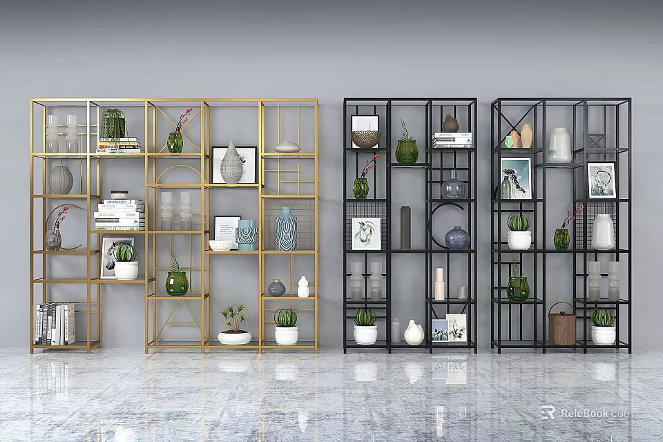Stylish Golden And Black Shelving Units With Vases Books And Potted Plants 3d model 
