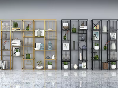 Stylish Golden And Black Shelving Units With Vases Books And Potted Plants 3d model