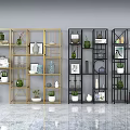 Stylish Golden And Black Shelving Units With Vases Books And Potted Plants