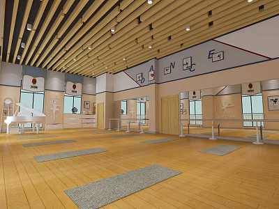 Modern Fitness Studio With Wooden Floor Yoga Mats Mirrors Barres Windows And Wall Icons 3d model