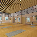 Modern Fitness Studio With Wooden Floor Yoga Mats Mirrors Barres Windows And Wall Icons