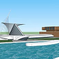 Modern Waterfront Architectural Building Featuring Unique Sail Like Structure And Glass Facade 3d model